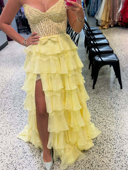 Strapless Lace Corset Prom Dress Long with Front Slit