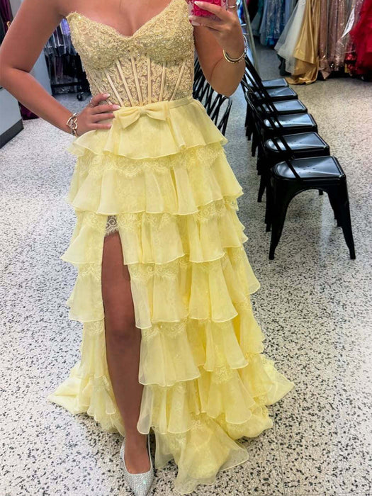 Strapless Lace Corset Prom Dress Long with Front Slit