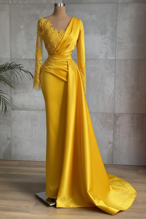 Yellow Stunning One Shoulder Mermaid Evening Gown with Side Cape - Prom Dresses