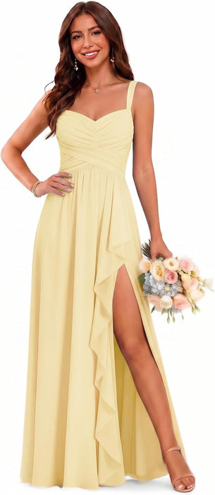 Women's Chiffon Bridesmaid Dresses Long Evening Formal Gown with Slit - Yellow