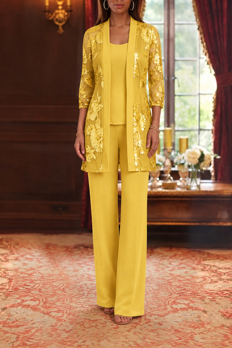 Yellow three-piece mother of the bride pantsuit