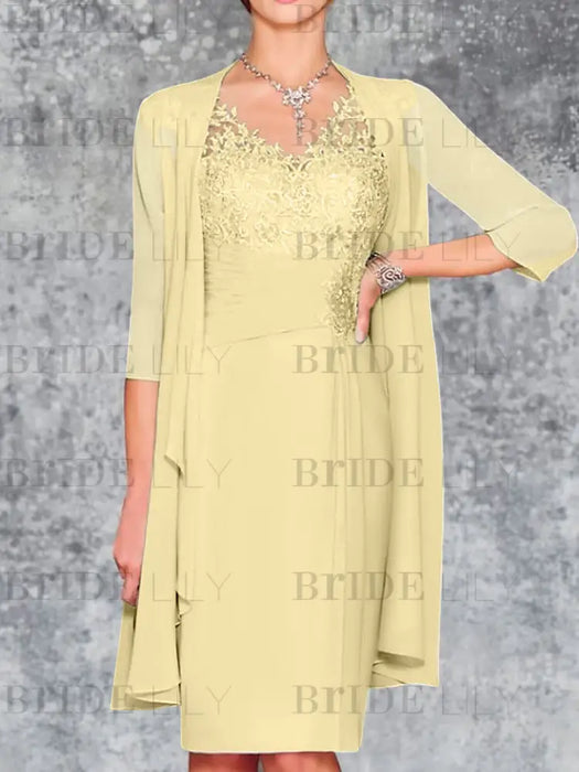 Yellow Knee-Length V-Neck Sheath/Column Mother of the Bride Dresses
