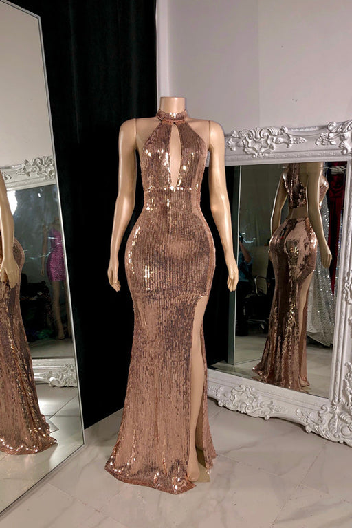 Sleeveless Halter Rose Prom Dress With Sequins and Long Slit
