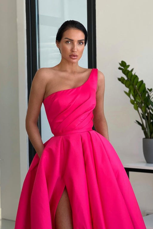 One Shoulder Rose Ball Gown Prom Dress With High Slit