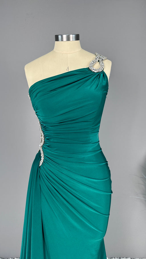 Emerald Green Sleeveless One Shoulder Appliques Long Prom Dress