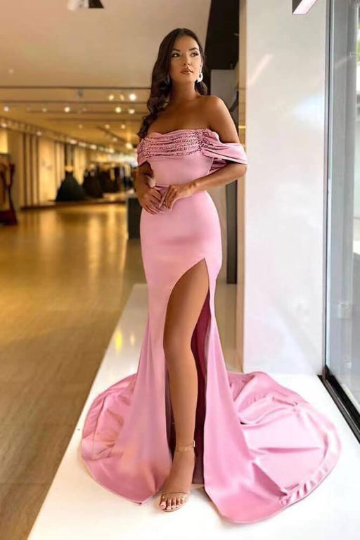 Off-The-Shoulder Beads Mermaid Prom Dress Long Split in Pink Purple