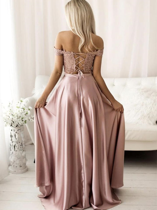 2 Pieces Off Shoulder Pink Lace Long Prom Dresses, Two Pieces Pink Lace Formal Dresses, Pink Lace Evening Dresses