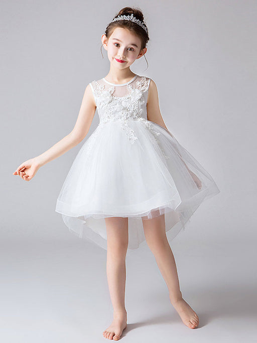 Flower Girl Dresses Jewel Neck Tulle Sleeveless Princess High Low Knee Length Embroidered Kids Social Party Dresses