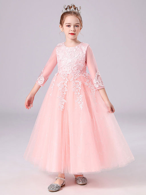 Pink Flower Girl Dresses Jewel Neck 3/4 Length Sleeves Tulle Lace Polyester Embroidered Kids Party Dresses