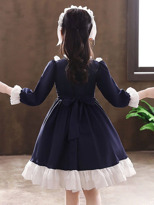 Flower Girl Dresses Navy Blue Designed Neckline Tulle Long Sleeves Knee-Length A-Line Bows Kids Party Dresses