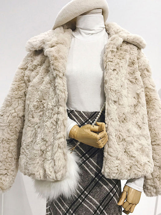 Faux Fur Coats For Women Long Sleeves Casual Turndown Collar Apricot Winter Coat