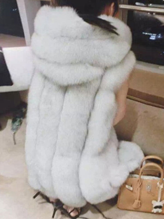 Faux Fur Coats For Women Grey Sleeveless Hooded Short Winter Coat