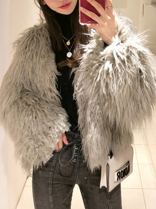 Faux Fur Coats For Women Long Sleeves Casual V Neck White Women Coat