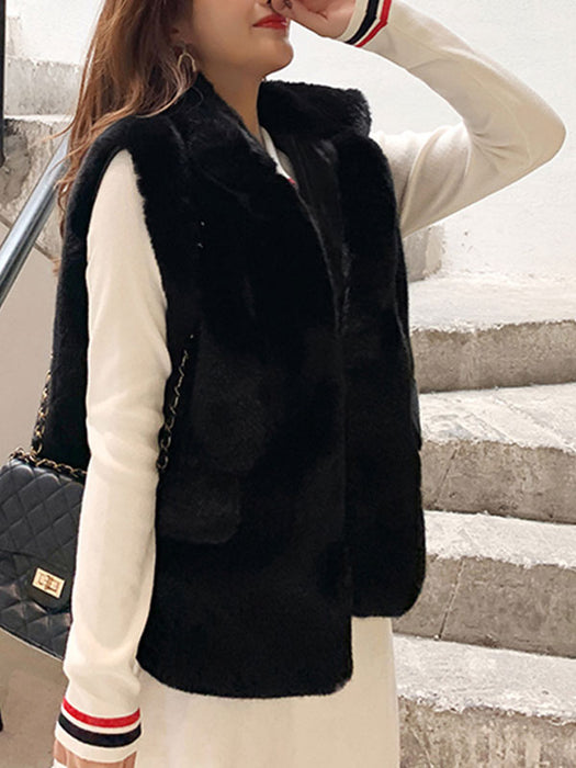 Faux Fur Coats For Women Sleeveless V-Neck Black Casual Women Coat