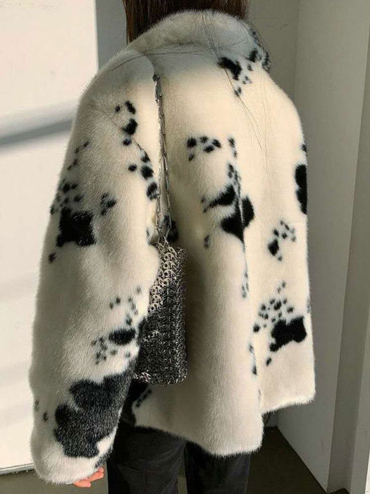 Faux Fur Coats For Women Long Sleeves Casual Cow Pattern Printed Oversized Turndown Collar White Coat