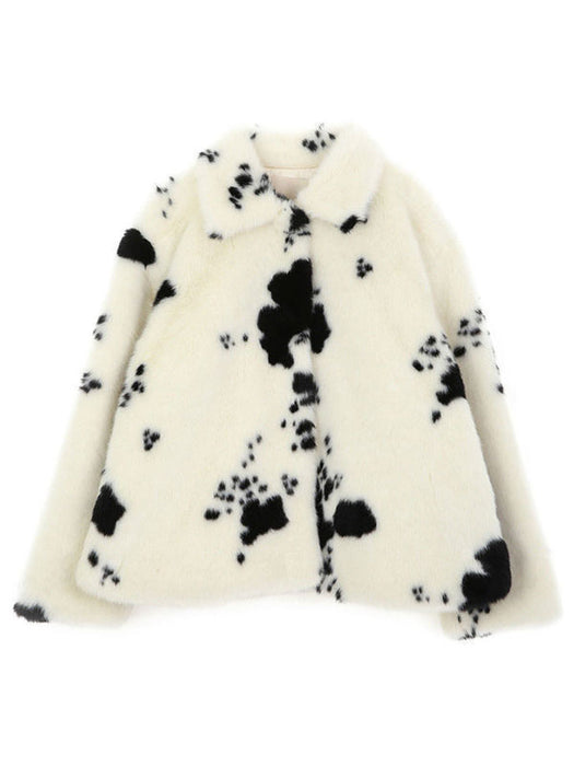 Faux Fur Coats For Women Long Sleeves Casual Cow Pattern Printed Oversized Turndown Collar White Coat