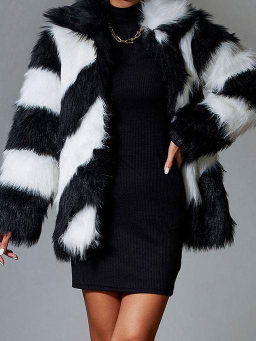 Faux Fur Coats For Women Black Turndown Collar Long Sleeves Two Tone Stretch Winter Coat