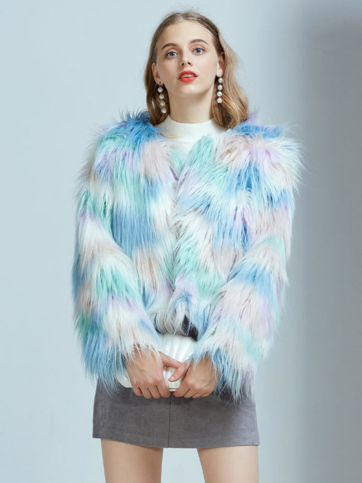 Faux Fur Coats For Women Long Sleeves Casual Printed Stretch Jewel Neck Light Sky Blue Winter Coat