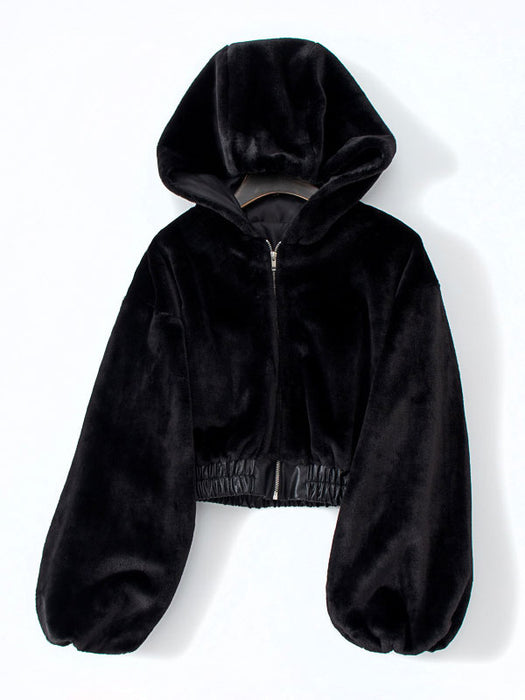 Woman Outerwear Black Hooded Long Sleeves Casual Woolen Coat