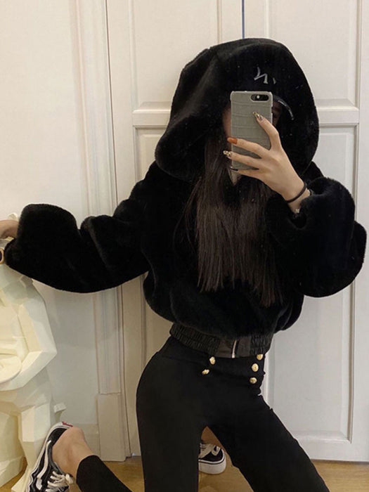Woman Outerwear Black Hooded Long Sleeves Casual Woolen Coat