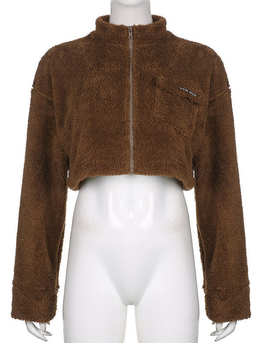 Faux Fur Coats Coffee Brown Turndown Collar Long Sleeves Zipper Oversized Women Coat