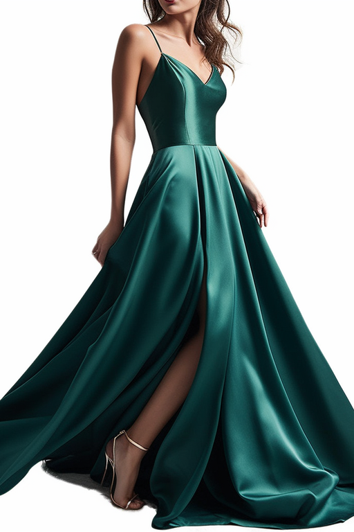 Green Charmeuse Prom Dress Spaghetti Strap Simple With Slit