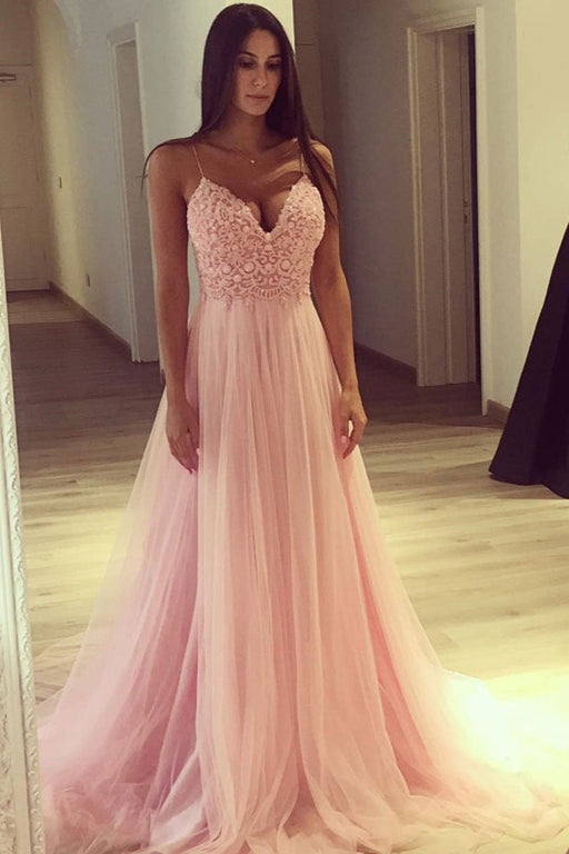 Blush Pink Tulle Lace Prom Gown with Delicate Spaghetti Straps