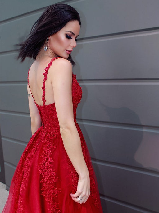 Sleeveless Lace Appliques Red Prom Dress