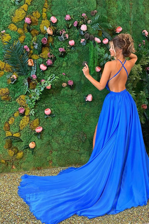 Sleeveless Prom Dress With Split - Royal Blue