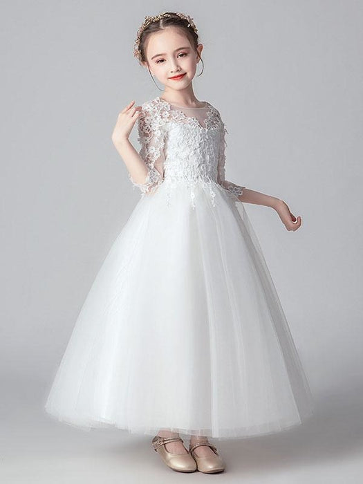 White Flower Girl Dresses Jewel Neck Tulle 3/4 Length Sleeves Ankle-Length Princess Dress Cut Out Formal Kids Pageant Dresses