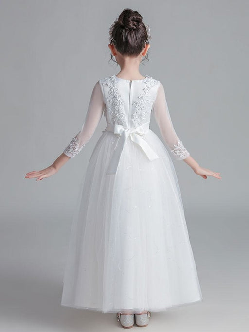 Flower Girl Dresses White Jewel Neck 3/4 Length Sleeves Tulle Polyester Lace Embroidered Formal Kids Pageant Dresses