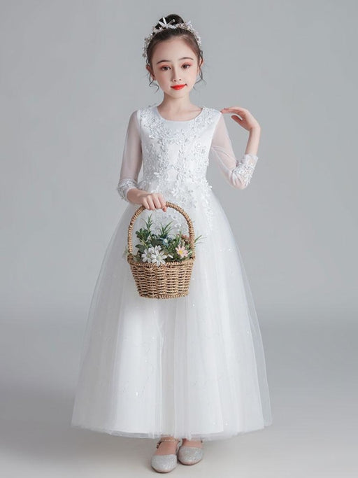 Flower Girl Dresses White Jewel Neck 3/4 Length Sleeves Tulle Polyester Lace Embroidered Formal Kids Pageant Dresses