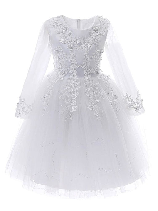 White Flower Girl Dresses Jewel Neck 3/4 Length Sleeves Tulle Polyester Cotton Lace Embroidered Kids Party Dresses