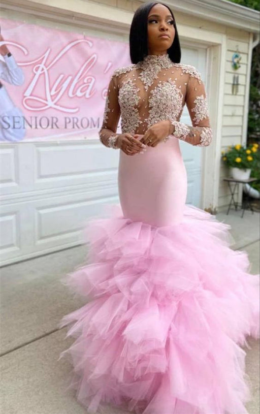 Blushing Pink Mermaid Prom Gown with High Neck and Delicate Lace Details