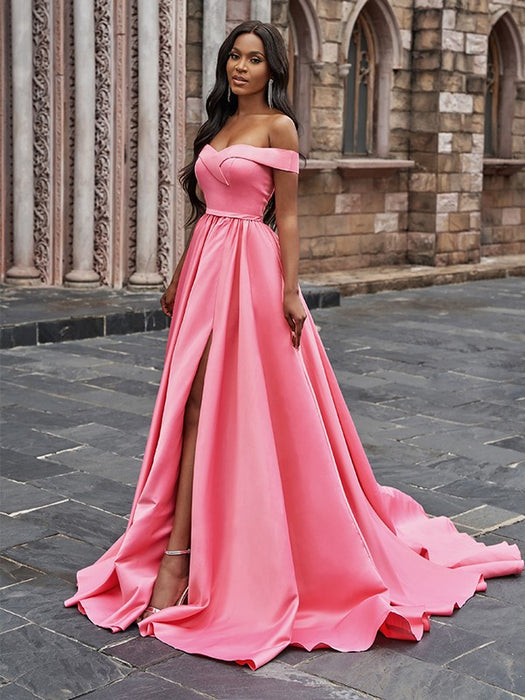 Blush Pink Off-the-Shoulder Prom Gown with Thigh-High Split