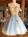 3D Floral Lace Blue Short Prom Dresses, Blue Lace Formal Graduation Homecoming Dresses