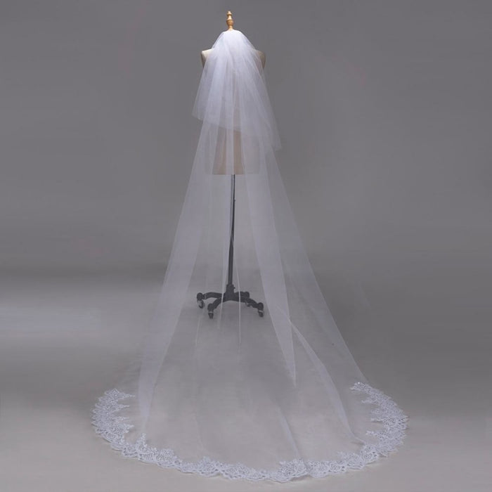 3M Lace Edge Chapel Long with Comb Wedding Veils | Bridelily - WHITE / 300cm - wedding veils