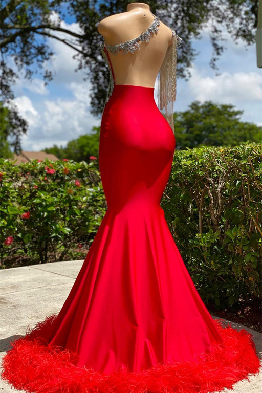 Red Classic Mermaid Prom Dress One Shoulder Strapless With Feather