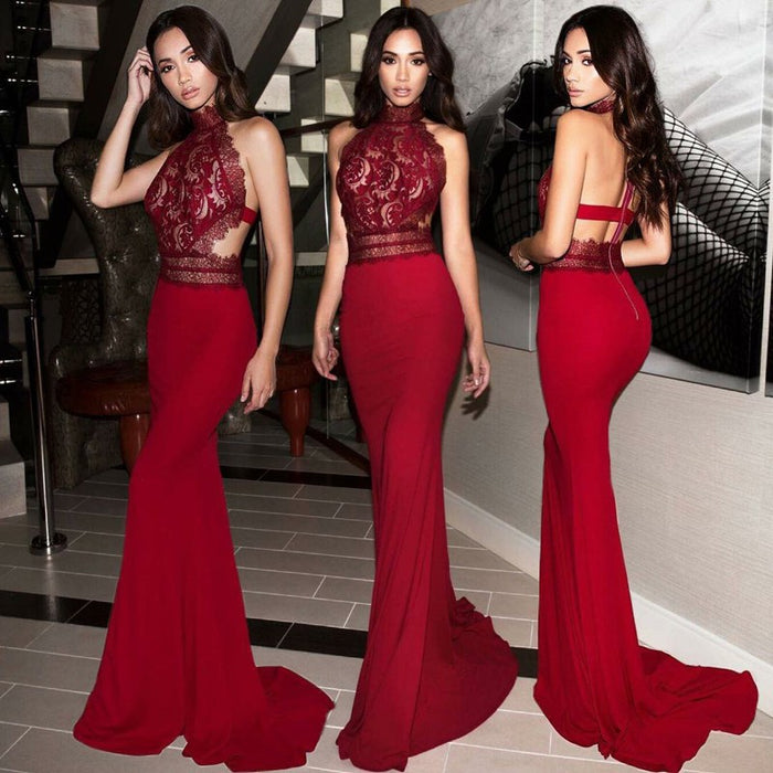 Chic Burgundy Lace Mermaid Prom Gown with High Neckline