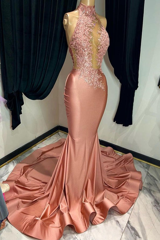 Sleeveless Halter Appliques Coral Red Mermaid Prom Dress
