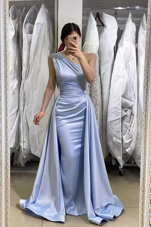 Light Blue One-Shoulder Sleeveless Long Mermaid Prom Dress With Removable Skirt