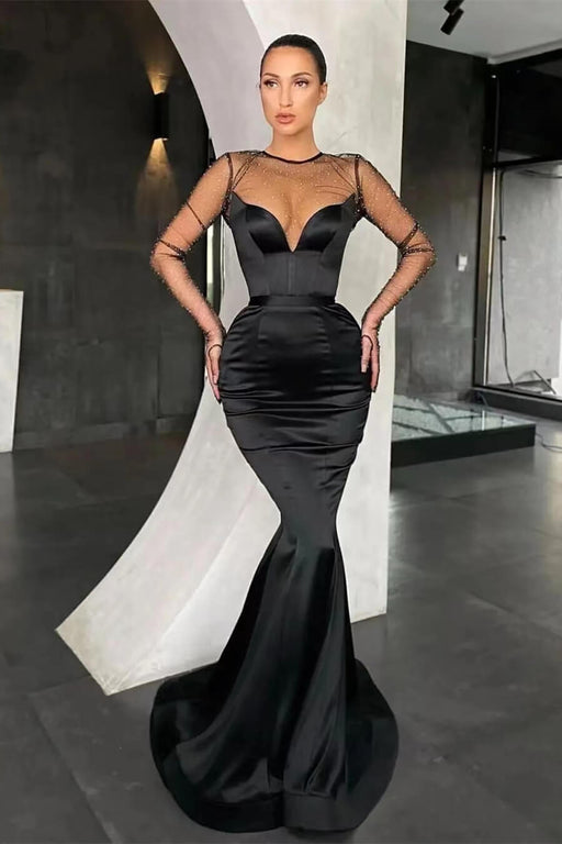 Black V-Neck Mermaid Long Sleeves Prom Dress With Beads