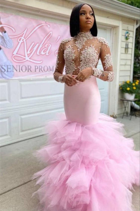 Blushing Pink Mermaid Prom Gown with High Neck and Delicate Lace Details