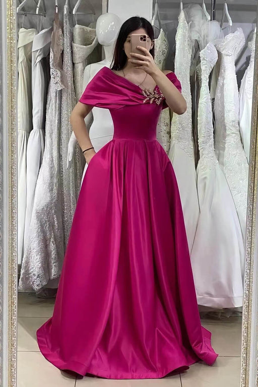 Gorgeous Fuchsia Off-The-Shoulder Mermaid A-Line Prom Dress With Beadings