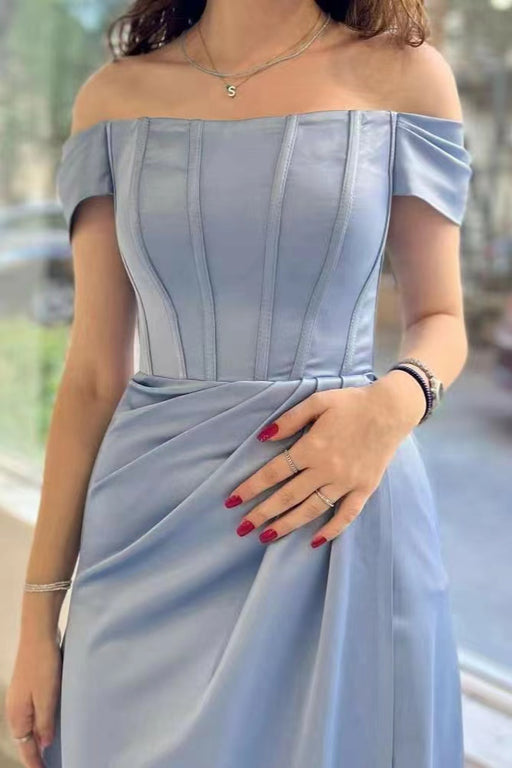 Chic Dusty Blue Off-The-Shoulder Prom Dress with Elegant Pleats and Thigh-High Split