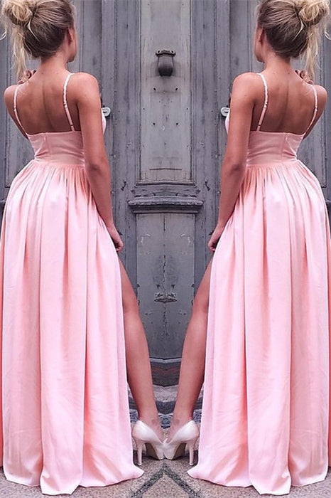 Blush Pink Prom Gown with Flirty Spaghetti Straps and Daring Leg Slit