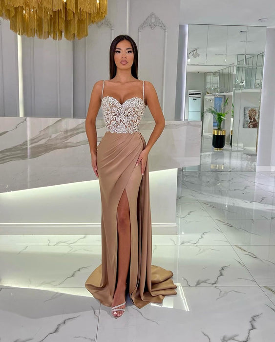 Baby Blue Prom Dress with High Slit Spaghetti Straps Sweetheart Neckli ...