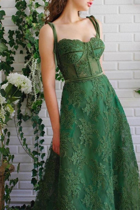Strapless Spaghetti-Straps Evening Dress With Appliques A-Line in Emerald Green