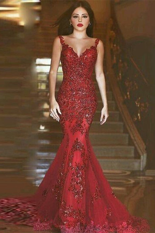 Mermaid Evening Dress with Burgundy Lace Appliques