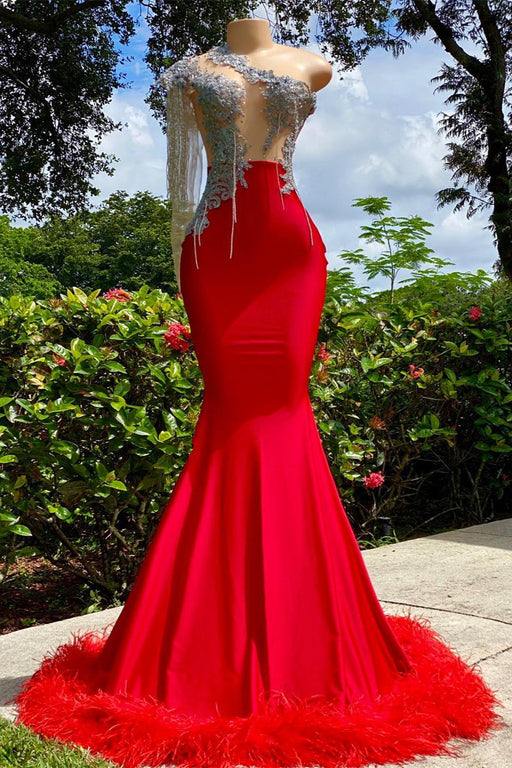 Red Classic Mermaid Prom Dress One Shoulder Strapless With Feather